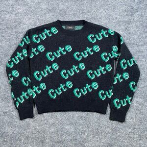 Cider Womens Cute Wordmark Intarsia Knit Sweater Black Green Crew Neck Medium